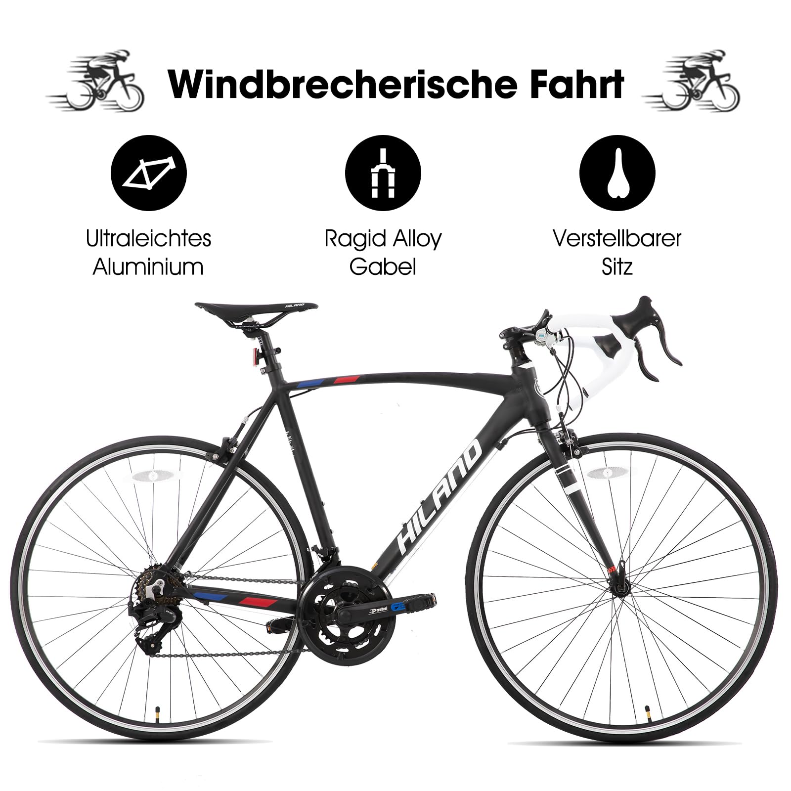 HILAND Alliance Bici da Strada 28”, 14 Velocità, Telaio in Alluminio da 49/53/57 cm, 700C Bicicletta da Città e da Pendolare per Uomo e Donna, Nero/Bianco