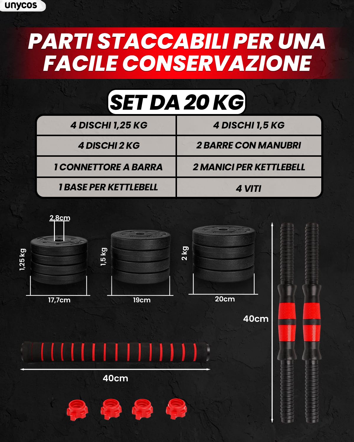 unycos - Manubri Regolabili con Dischi 10-40 kg【E-Book con 50 Esercizi】Coppia di Pesi con Barra di Collegamento Antiscivolo per Allenamento, Palestra in Casa, Fitness (Red/Orange Transformer)