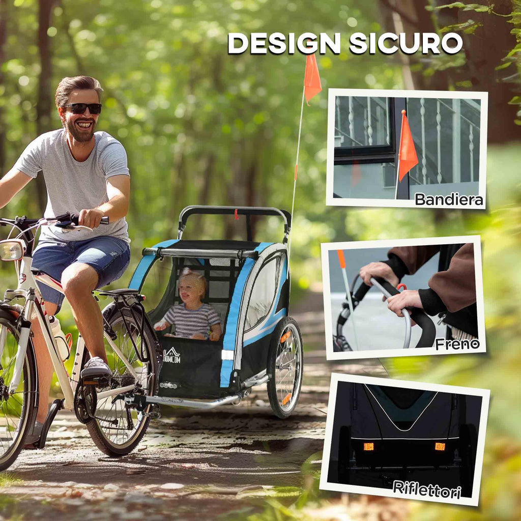 HOMCOM Rimorchio Bici per Bambini e Passeggino, Design 2 in 1 con Freno, Cintura a 5 Punti, Carrello Rimorchio per Bicicletta con Tasche Laterali, Catarifrangenti e Bandierina