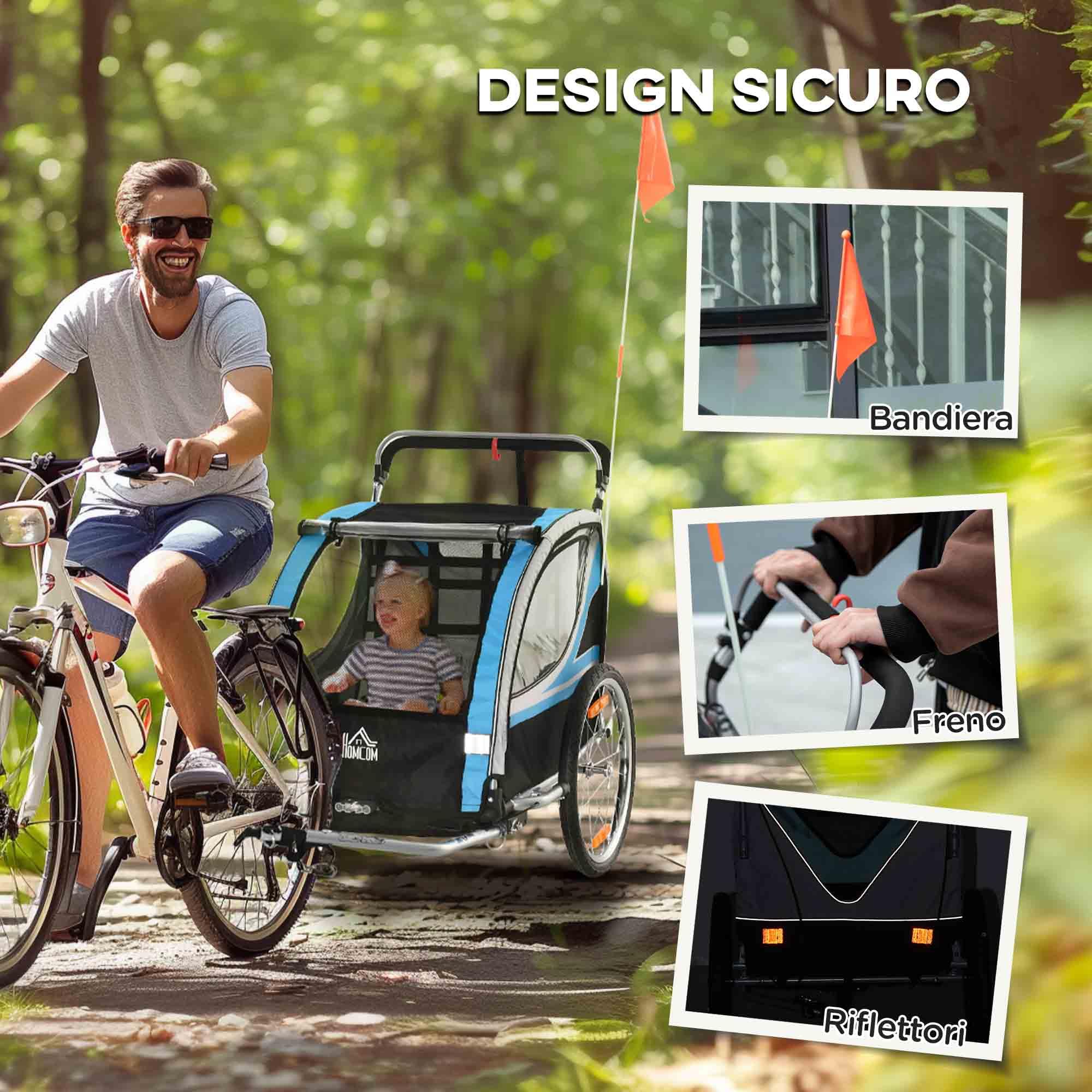 HOMCOM Rimorchio Bici per Bambini e Passeggino, Design 2 in 1 con Freno, Cintura a 5 Punti, Carrello Rimorchio per Bicicletta con Tasche Laterali, Catarifrangenti e Bandierina
