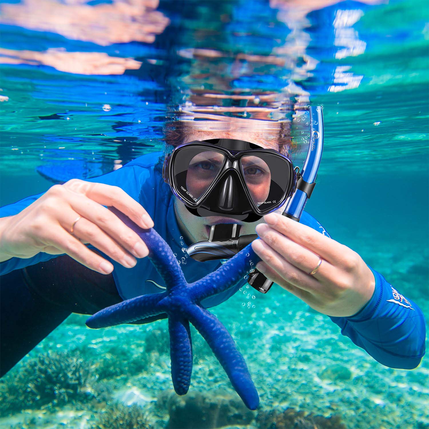 Dorlle Set da snorkeling con boccaglio e occhiali da immersione, impermeabile, anti-appannamento, in vetro temperato, con boccaglio a 3 canali Premium Dry per adulti