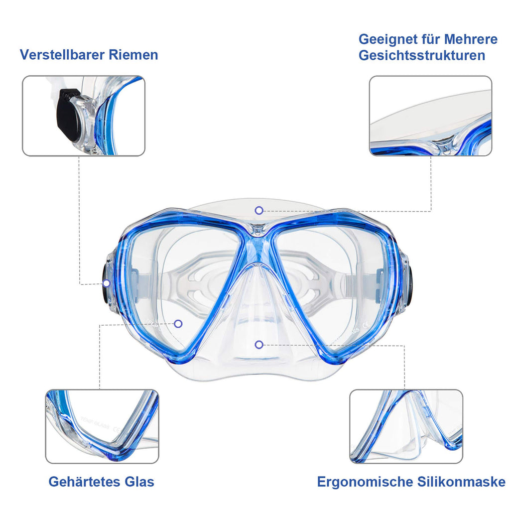 Dorlle Set da snorkeling con boccaglio e occhiali da immersione, impermeabile, anti-appannamento, in vetro temperato, con boccaglio a 3 canali Premium Dry per adulti