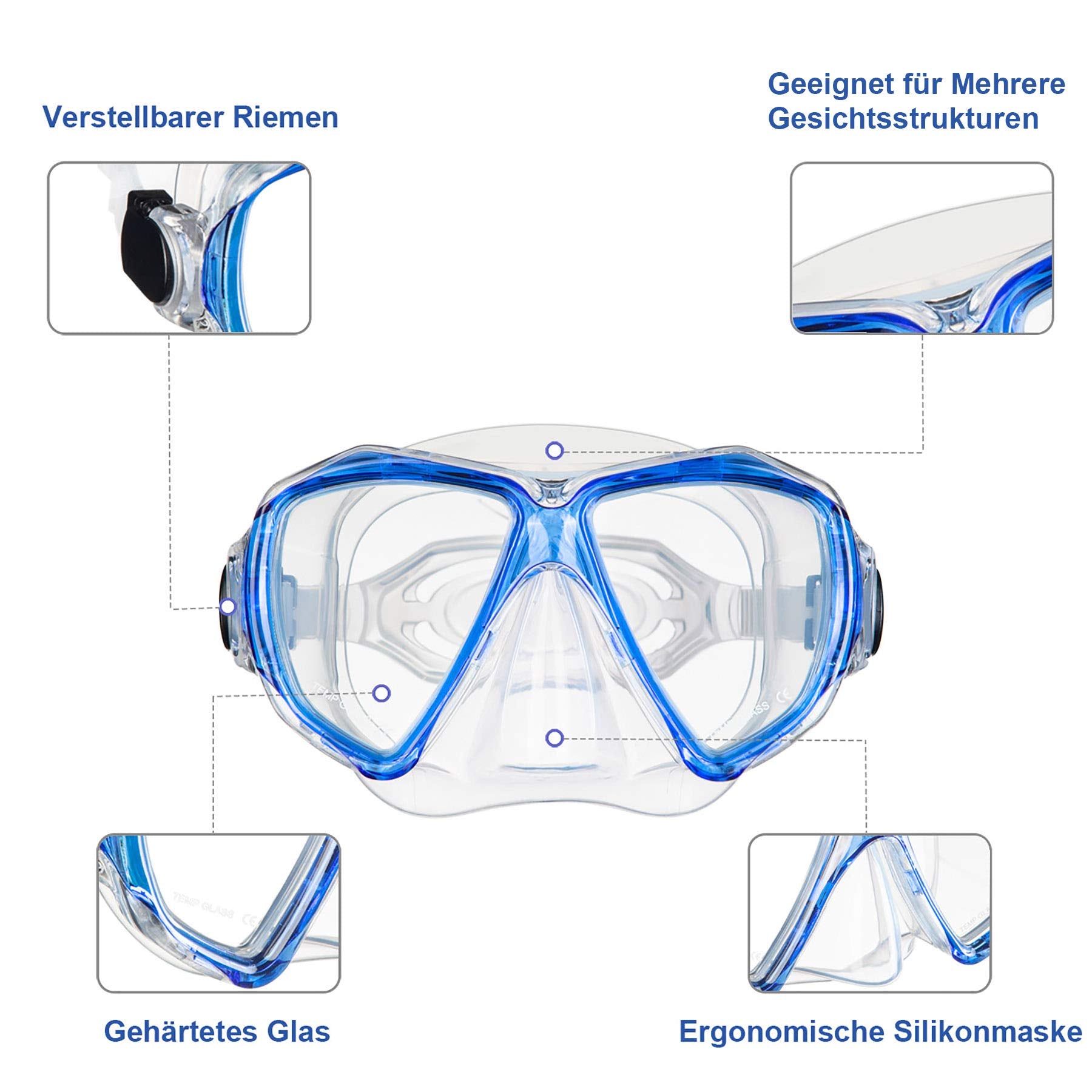 Dorlle Set da snorkeling con boccaglio e occhiali da immersione, impermeabile, anti-appannamento, in vetro temperato, con boccaglio a 3 canali Premium Dry per adulti