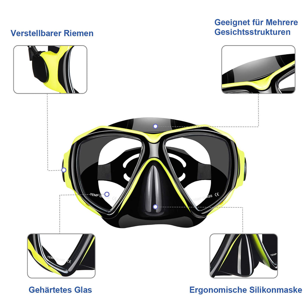 Dorlle Set da snorkeling con boccaglio e occhiali da immersione, impermeabile, anti-appannamento, in vetro temperato, con boccaglio a 3 canali Premium Dry per adulti