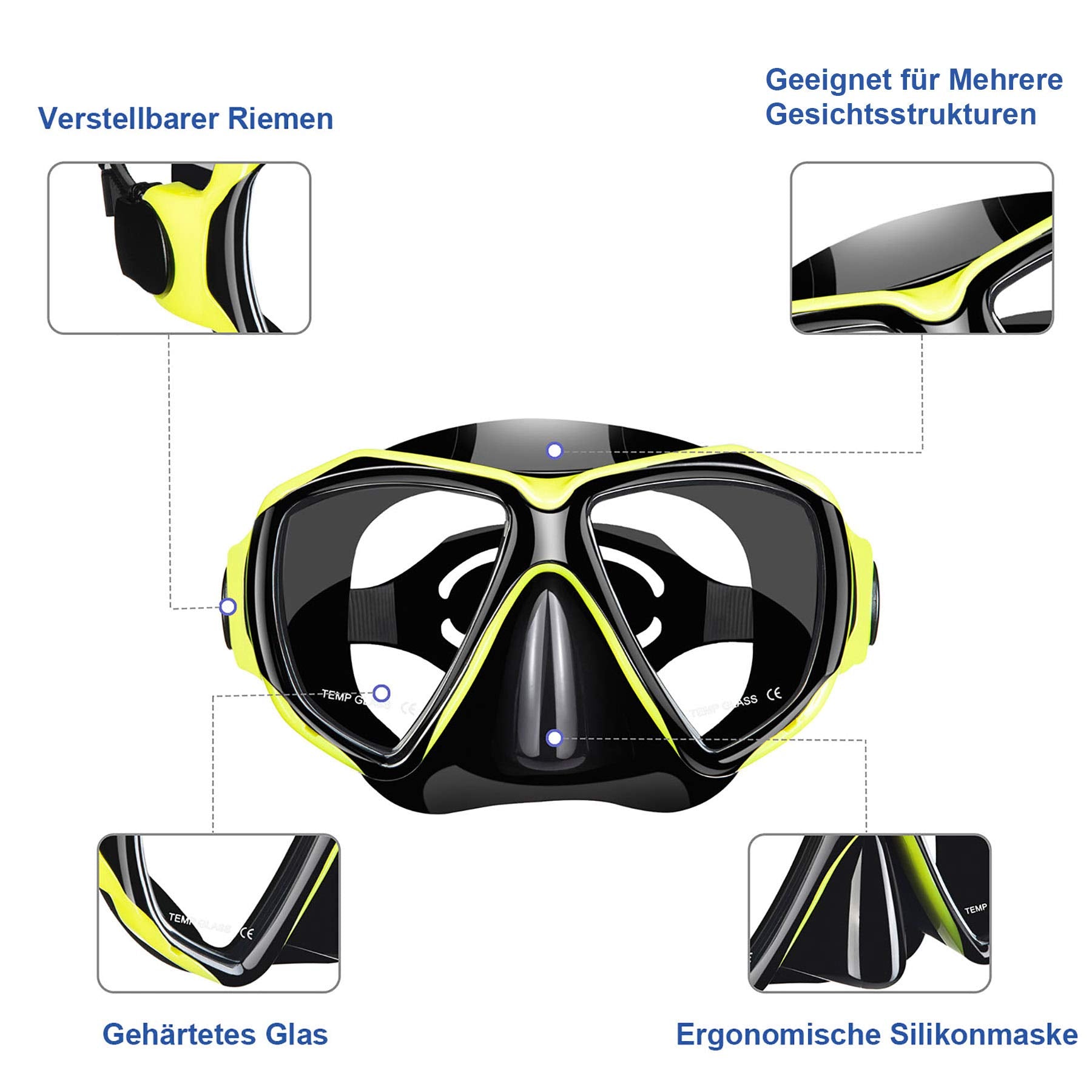 Dorlle Set da snorkeling con boccaglio e occhiali da immersione, impermeabile, anti-appannamento, in vetro temperato, con boccaglio a 3 canali Premium Dry per adulti