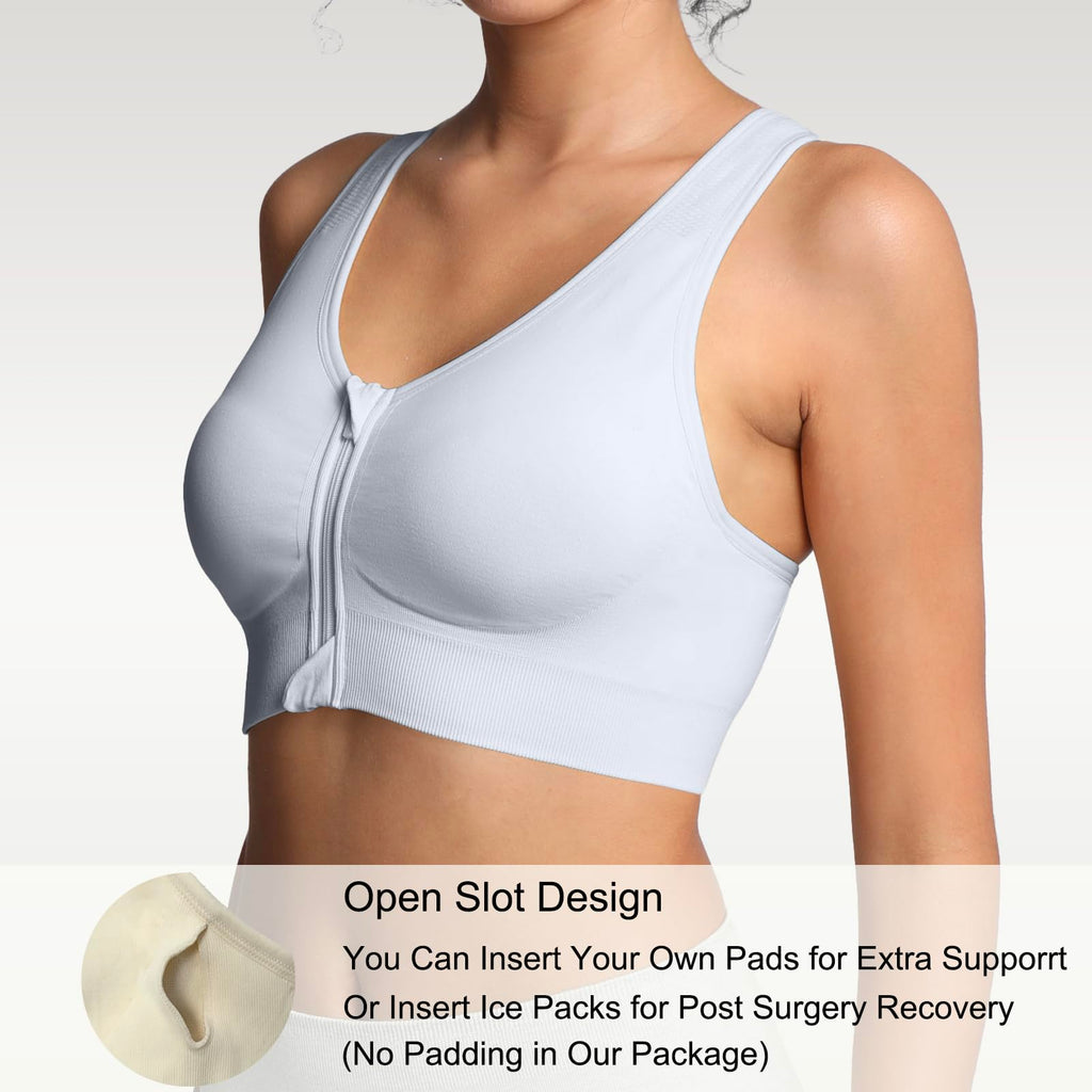 Lemef Soutiens-Gorge de Sport à Fermeture Éclair Avant pour Femmes Soutien-Gorge Post-Chirurgie sans Armature Fermeture Avant Dos Nageur Compression Mastectomie