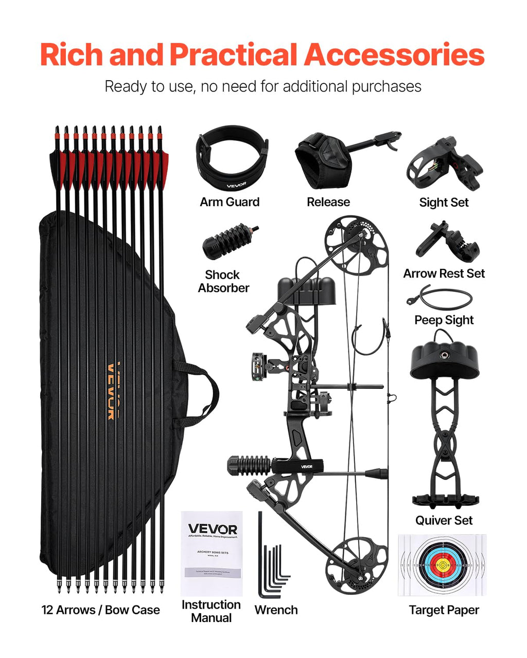 VEVOR Arc à Poulies, Kit d'Arc de Chasse Réglable de 482,6 à 762 mm, Poids de Traction de 8,62 à 31,75 kg, Kit pour Droitier avec Équipement de Chasse, 320 FPS, Noir