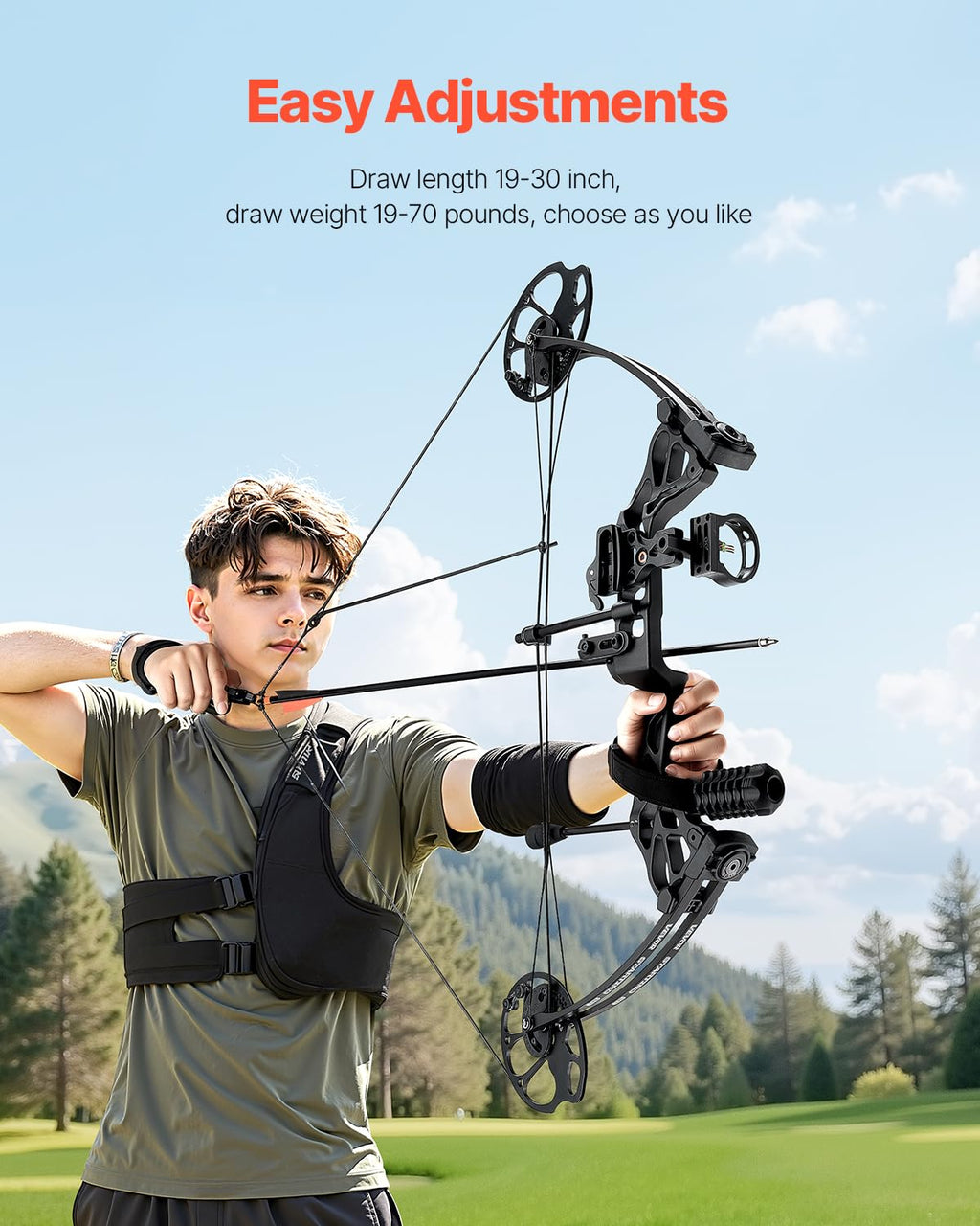 VEVOR Arc à Poulies, Kit d'Arc de Chasse Réglable de 482,6 à 762 mm, Poids de Traction de 8,62 à 31,75 kg, Kit pour Droitier avec Équipement de Chasse, 320 FPS, Noir