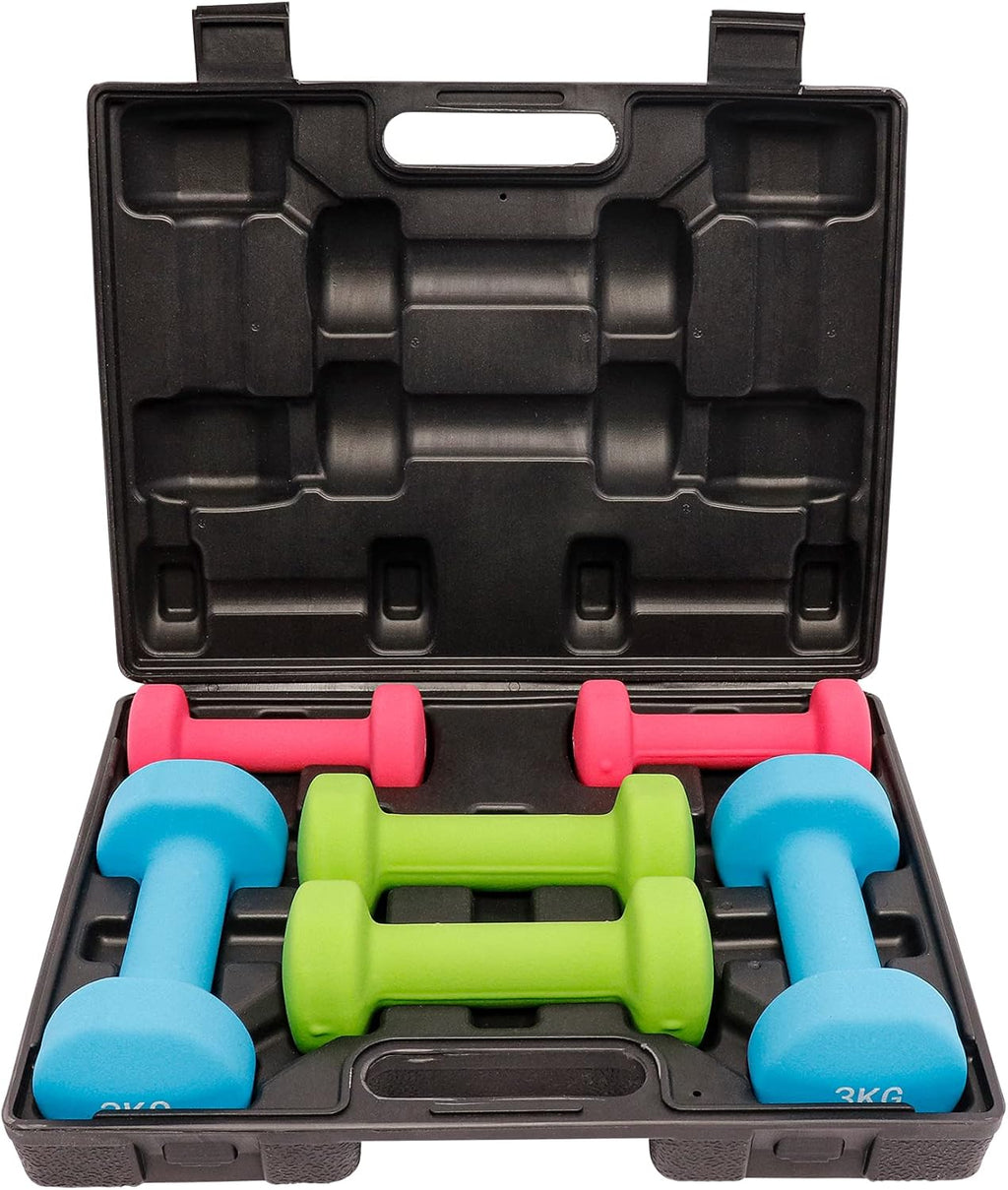 GORILLA SPORTS® Set di Manubri - 12 kg, Peso 2x1 kg, 2x2 kg, 2x3 kg, con Cassa 38 x 29,5 x 9 cm, Antiscivolo, in Ghisa e Neoprene - Pesi per Palestra, Esercizi, Fitness, Sollevamento, Casa