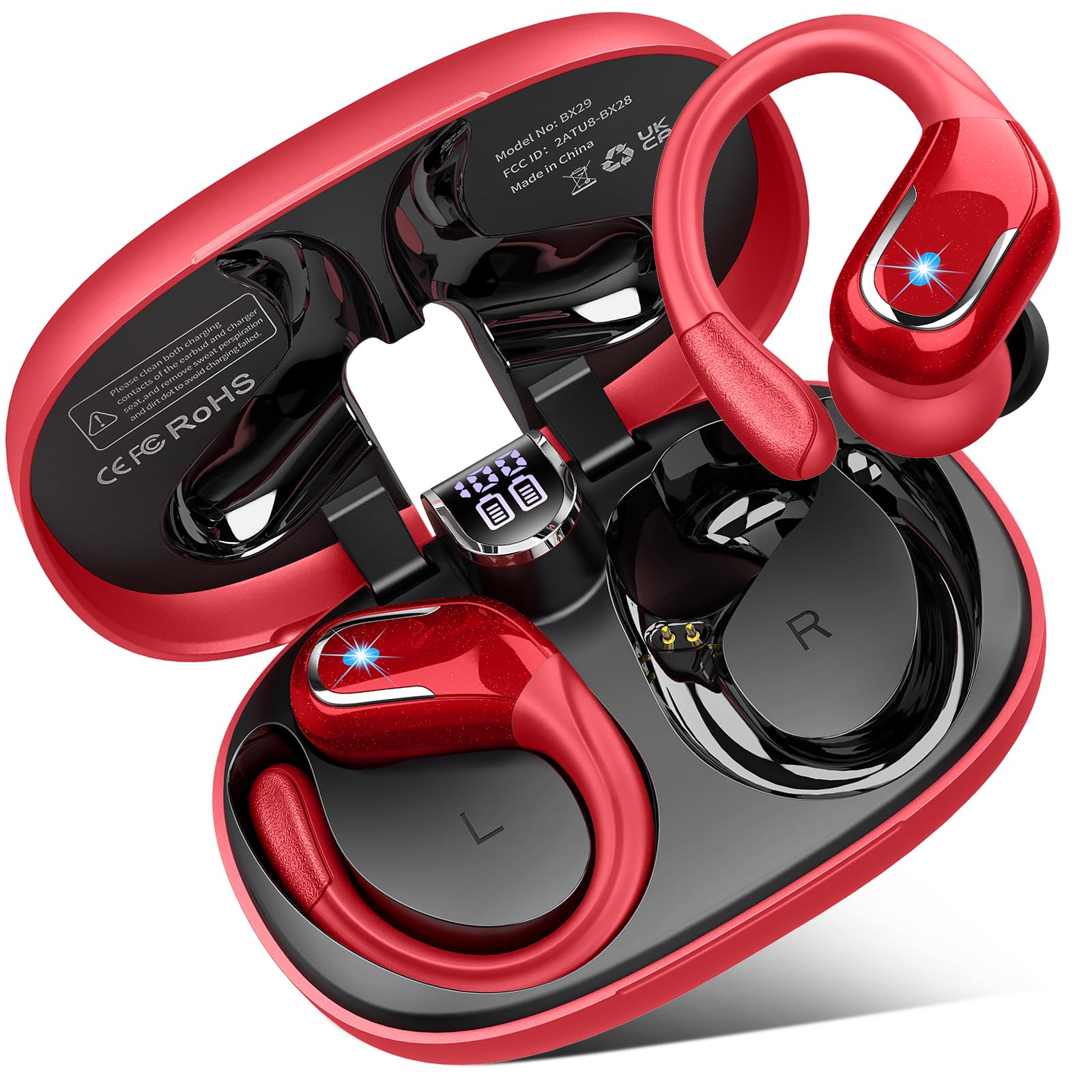 Cuffie Bluetooth 5.4 Sport, Auricolari Bluetooth 75 Ore HiFi Stereo,Cuffie Wireless Impermeabili IPX8,4 ENC Cancellazione Rumore Mic,Con Display a LED, Headphones Per Corsa e Sport Estremi, USB-C