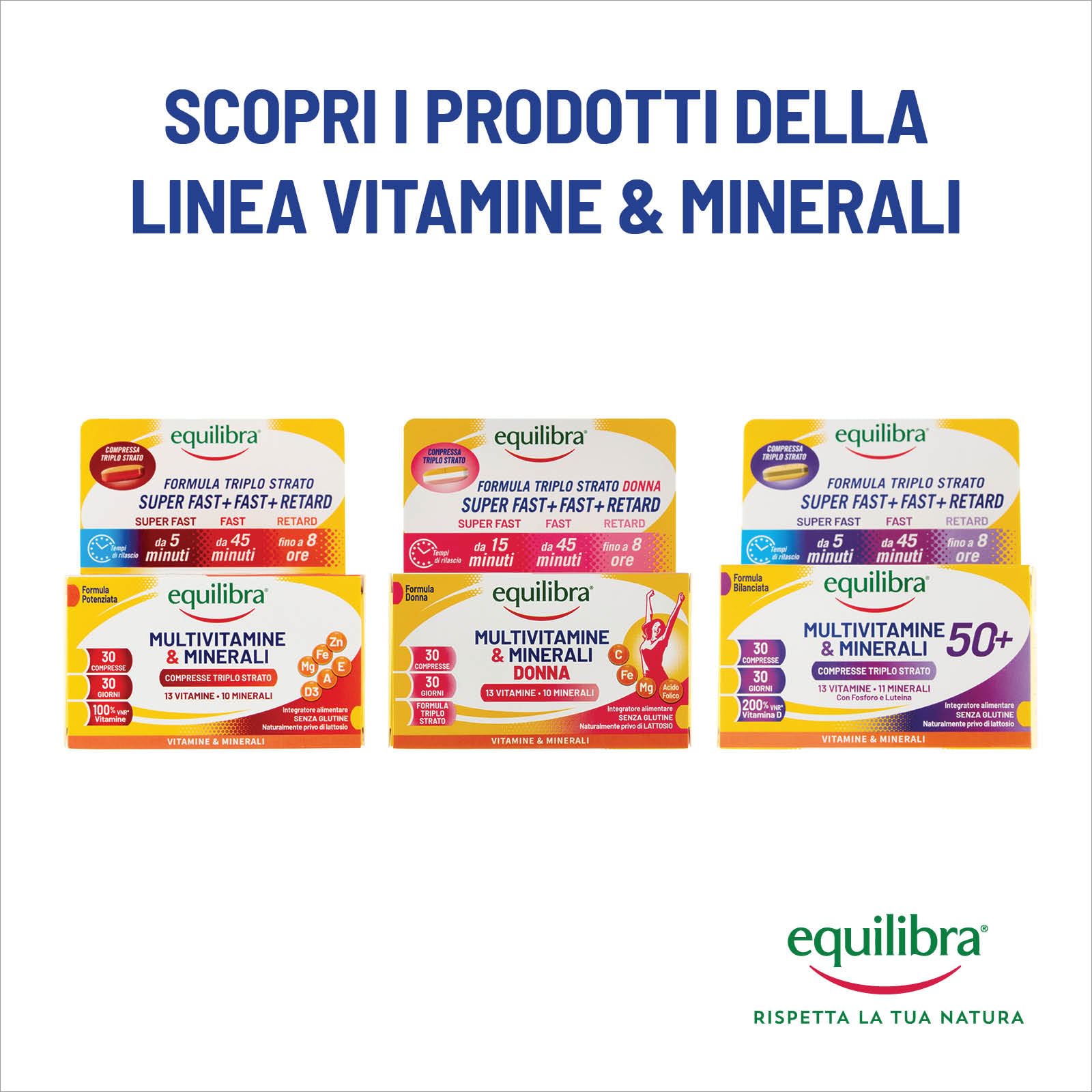 Equilibra Multivitamine e Minerali, Rilascio Prolungato fino a 8 ore, Vitamine A, B, C, D, E, Ferro, Iodio, Zinco, per Energia e Sostegno, Senza Glutine, per Vegetariani, 30 Compresse Triplo Strato