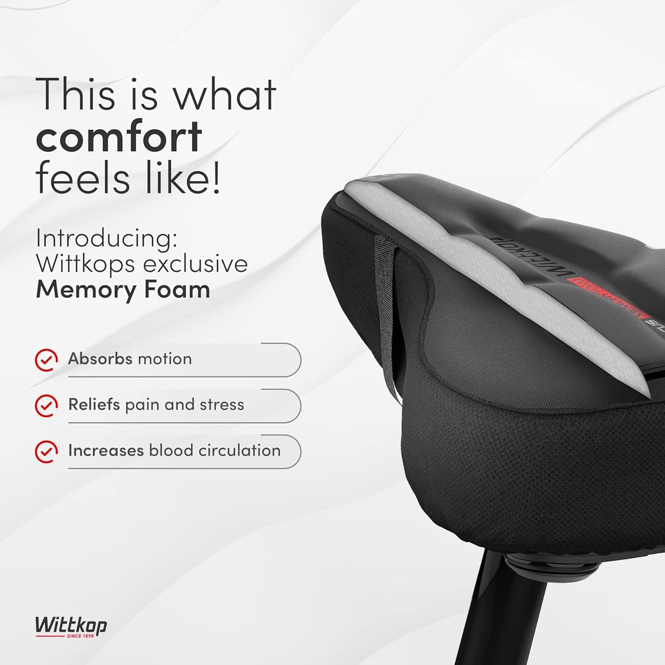 WITTKOP Cuscino per sella da bici in memory foam confortevole I Coprisella da bici per uomo e donna con design ergonomico a 3 zone