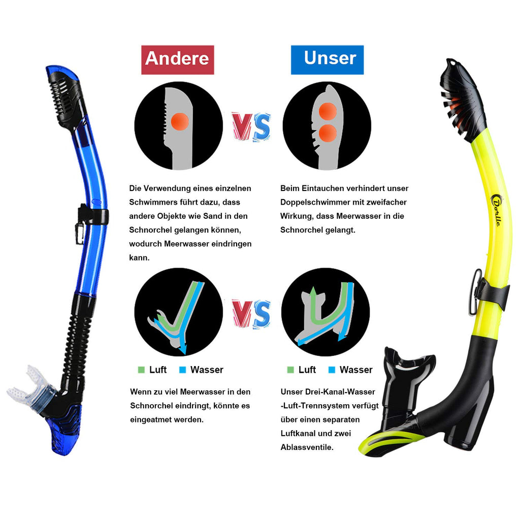 Dorlle Set da snorkeling con boccaglio e occhiali da immersione, impermeabile, anti-appannamento, in vetro temperato, con boccaglio a 3 canali Premium Dry per adulti