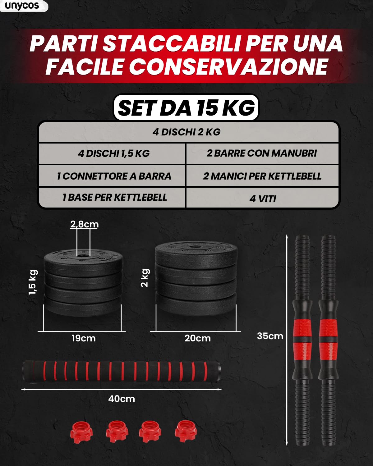 unycos - Manubri Regolabili con Dischi 10-40 kg【E-Book con 50 Esercizi】Coppia di Pesi con Barra di Collegamento Antiscivolo per Allenamento, Palestra in Casa, Fitness (Red/Orange Transformer)