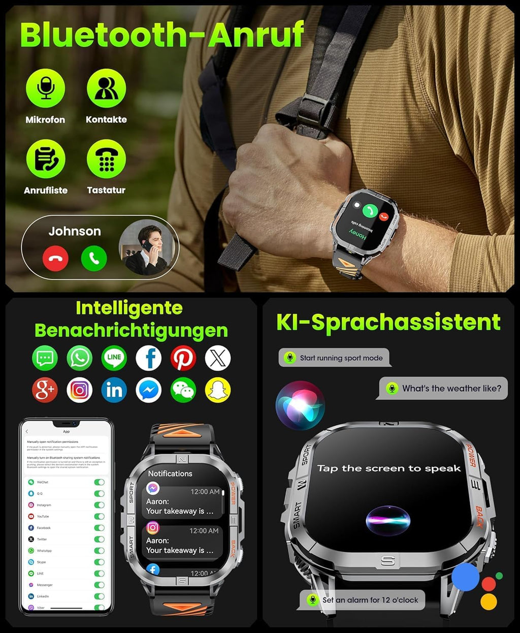 GPS Smartwatch Uomo, 2,13" AMOLED Militare Orologio con LED Torcia, Bussola,100+ Modalità Sportive, Monitoraggio della Salute, Chiamate Bluetooth per Android iOS