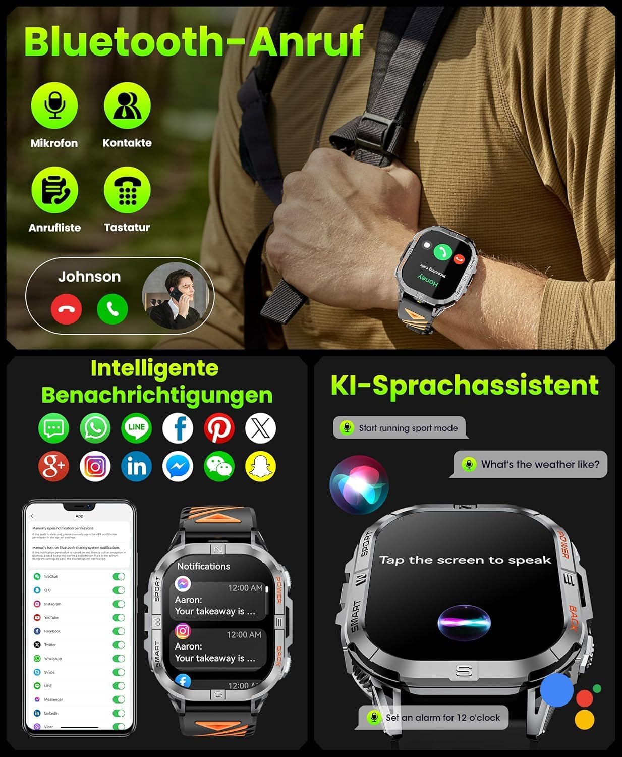 GPS Smartwatch Uomo, 2,13" AMOLED Militare Orologio con LED Torcia, Bussola,100+ Modalità Sportive, Monitoraggio della Salute, Chiamate Bluetooth per Android iOS