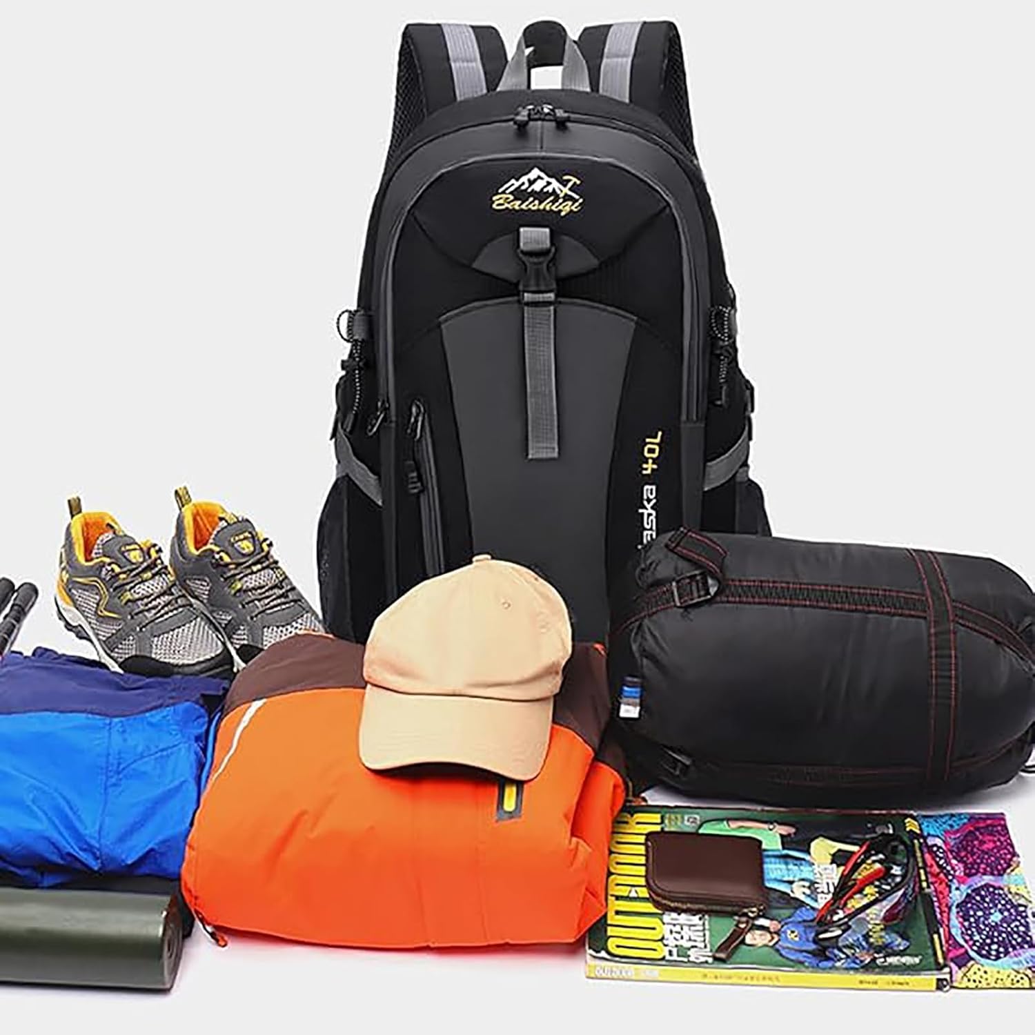 Zaino Trekking 40 Litri Zaino Montagna Grande Volume Leggero Impermeabile Multifunzione per Montagna Viaggio Escursione Trekking Campeggio Scuola con Ventilazione Posteriore Uomo Donna Nero