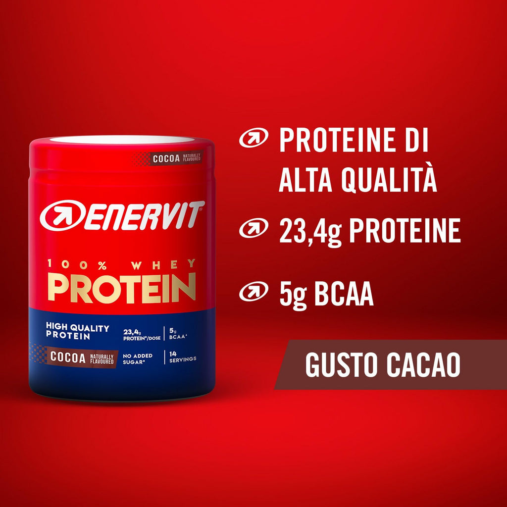 Enervit, 100% Whey Protein, Gusto Cacao, Ideale dopo l'Allenamento, Ricco di Vitamina B6, con Proteine dal Siero del Latte, Senza Zuccheri Aggiunti, Senza Glutine, Barattolo da 420 Grammi