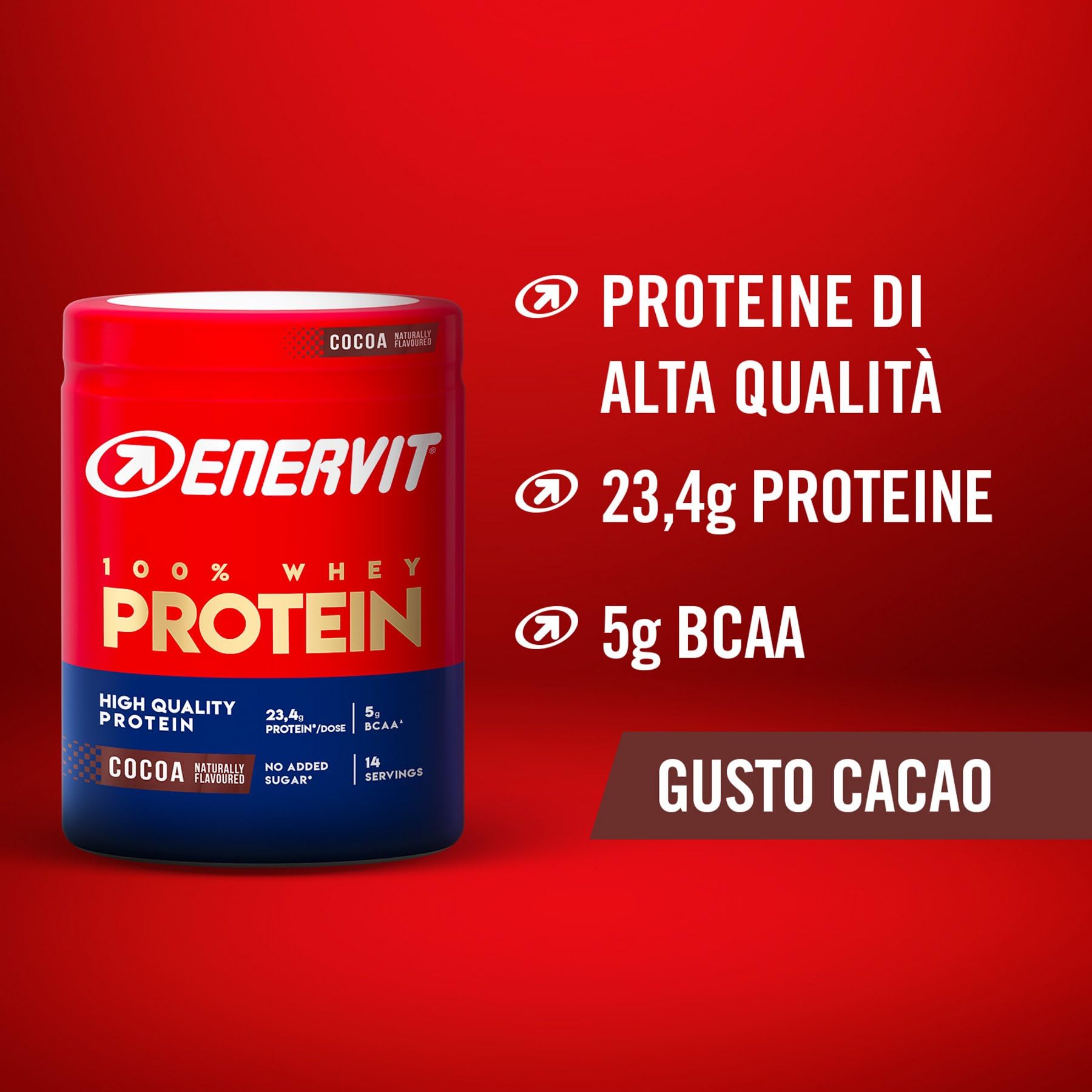 Enervit, 100% Whey Protein, Gusto Cacao, Ideale dopo l'Allenamento, Ricco di Vitamina B6, con Proteine dal Siero del Latte, Senza Zuccheri Aggiunti, Senza Glutine, Barattolo da 420 Grammi