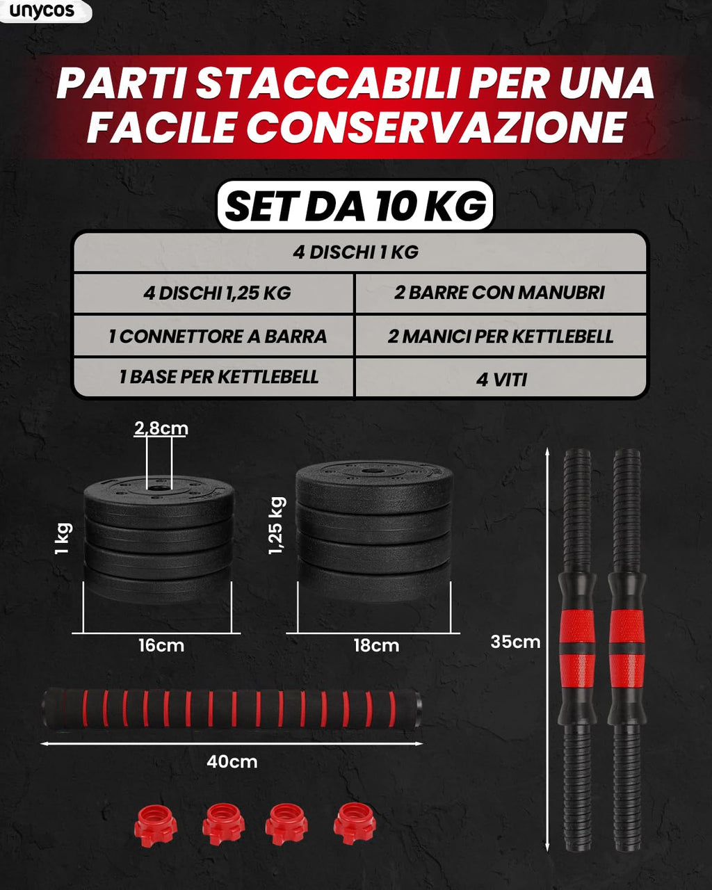unycos - Manubri Regolabili con Dischi 10-40 kg【E-Book con 50 Esercizi】Coppia di Pesi con Barra di Collegamento Antiscivolo per Allenamento, Palestra in Casa, Fitness (Red/Orange Transformer)