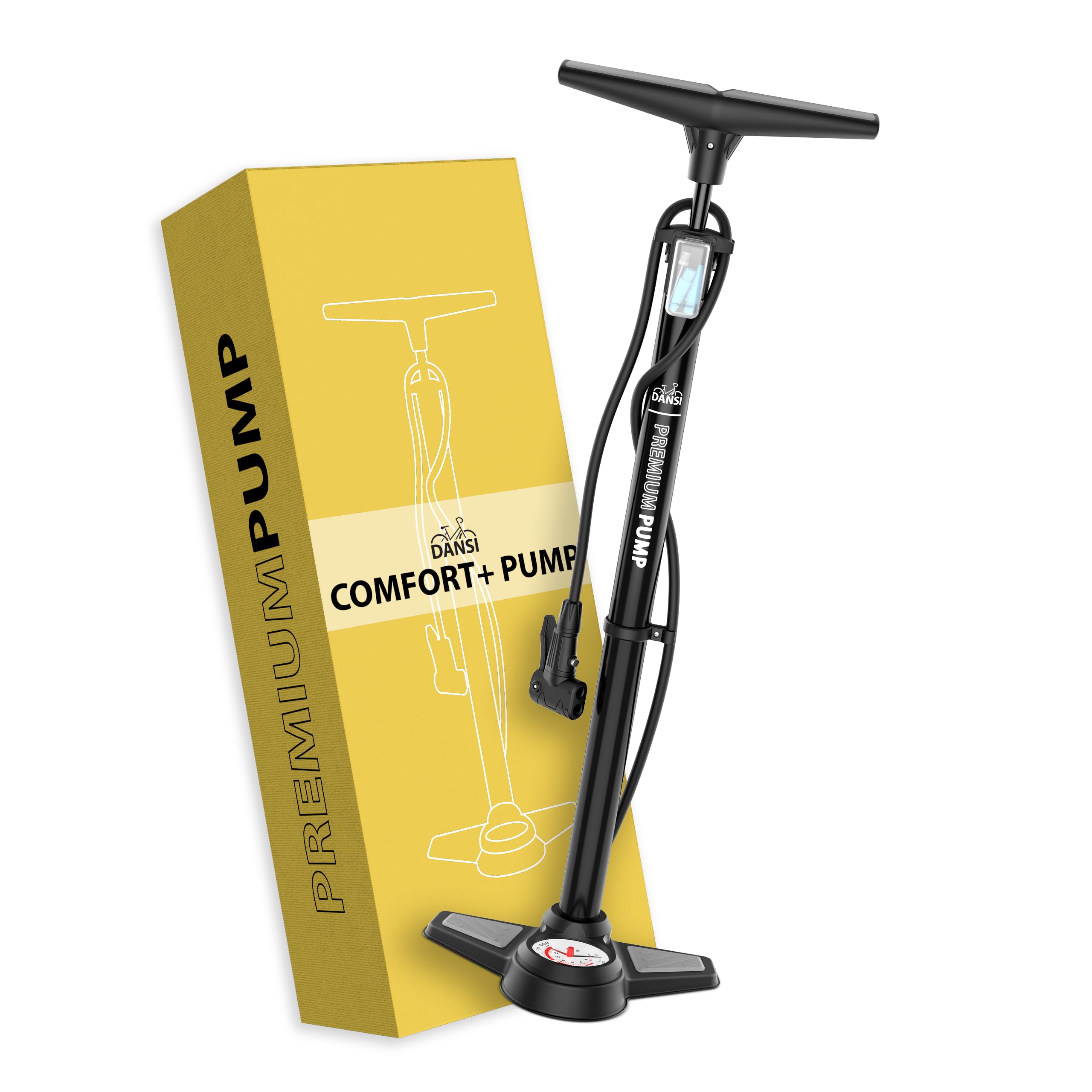 DANSI Pompa per bicicletta a pedale con valvole AV, SV, DV - Pompa ad aria per bicicletta con manometro grande, adattatori e serbatoio | Pompa per moto, bici elettrica, auto e articoli sportivi