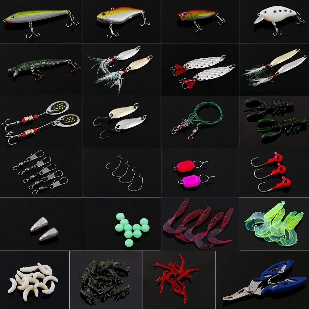 Vicloon Esche da Pesca, Esche Artificiali da Pesca Contiene Crankbaits, Stickbait, Vermi, Ganci Singolo, Pinze, ECC
