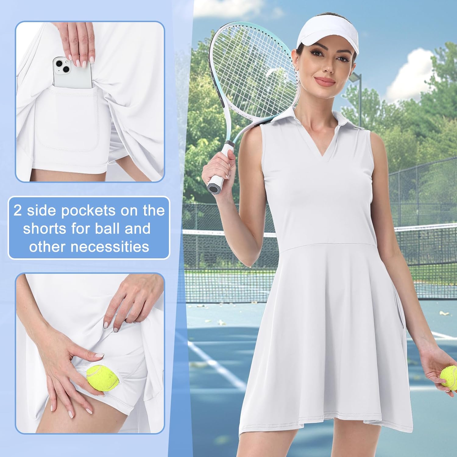 Bezioner Vestito Tennis Donna Vestito Polo con Pantaloncini Vita Alta Abiti da Golf con Tasche Senza Maniche Abito Sportivo