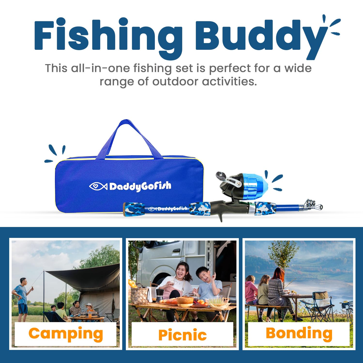 DaddyGoFish Kids Canna da Pesca Telescopica Spincast Combo Sedia Pieghevole Portacanna Tackle Box Bait Net Ragazzi Ragazze