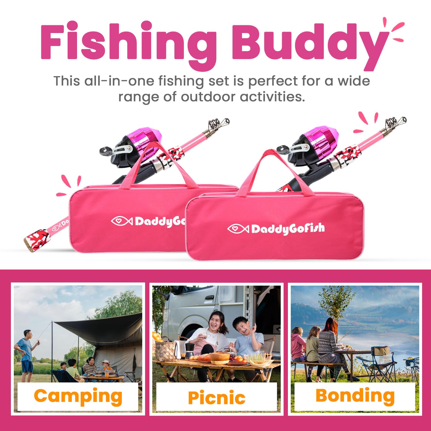 DaddyGoFish Kids Canna da Pesca Telescopica Spincast Combo Sedia Pieghevole Portacanna Tackle Box Bait Net Ragazzi Ragazze