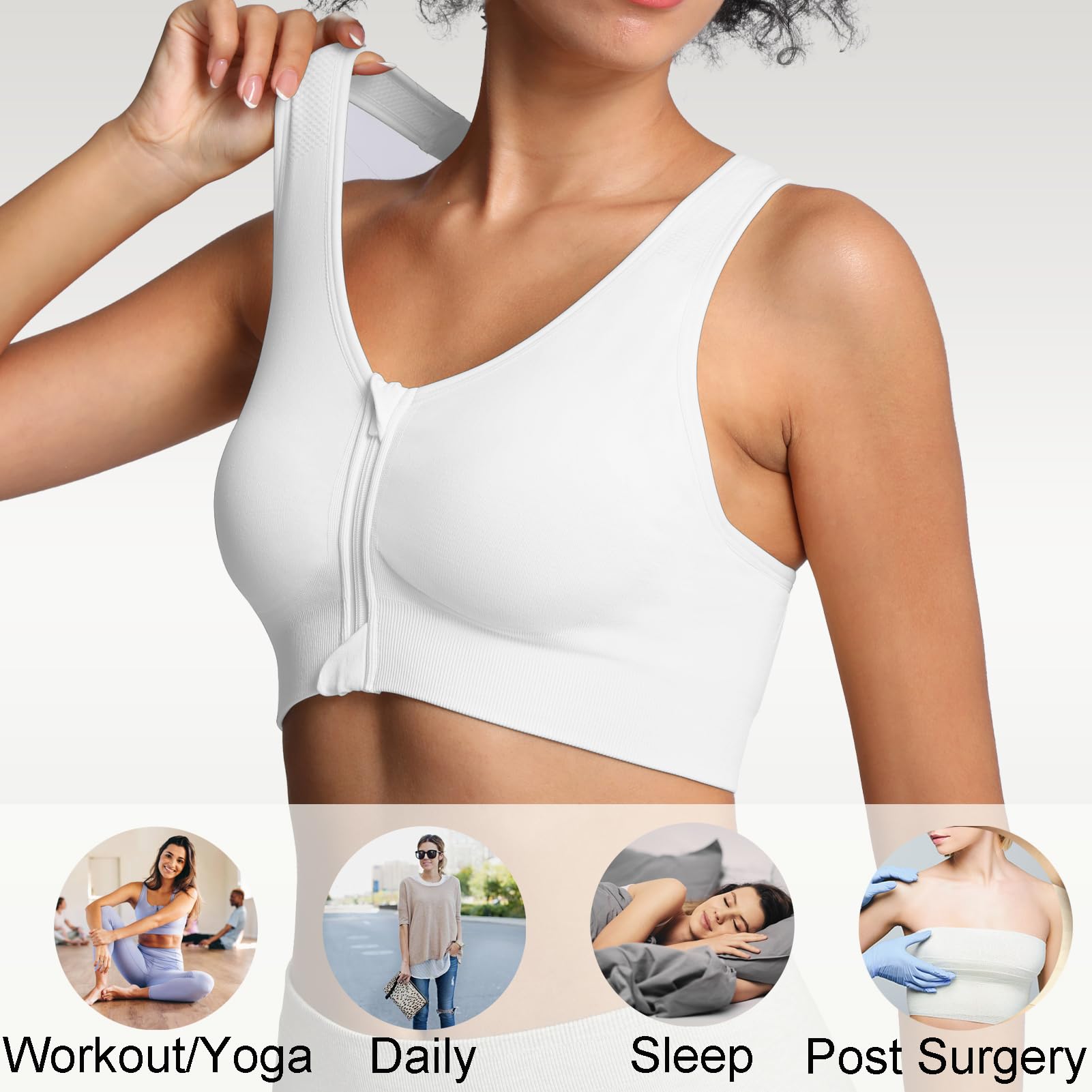Lemef Soutiens-Gorge de Sport à Fermeture Éclair Avant pour Femmes Soutien-Gorge Post-Chirurgie sans Armature Fermeture Avant Dos Nageur Compression Mastectomie