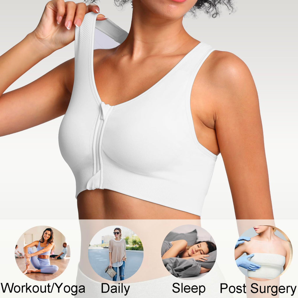 Lemef Soutiens-Gorge de Sport à Fermeture Éclair Avant pour Femmes Soutien-Gorge Post-Chirurgie sans Armature Fermeture Avant Dos Nageur Compression Mastectomie