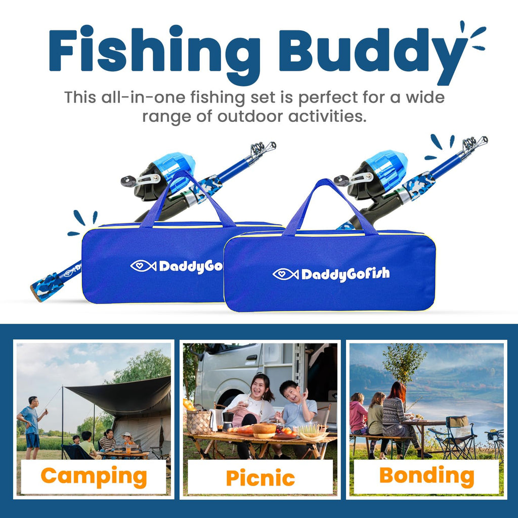 DaddyGoFish Kids Canna da Pesca Telescopica Spincast Combo Sedia Pieghevole Portacanna Tackle Box Bait Net Ragazzi Ragazze