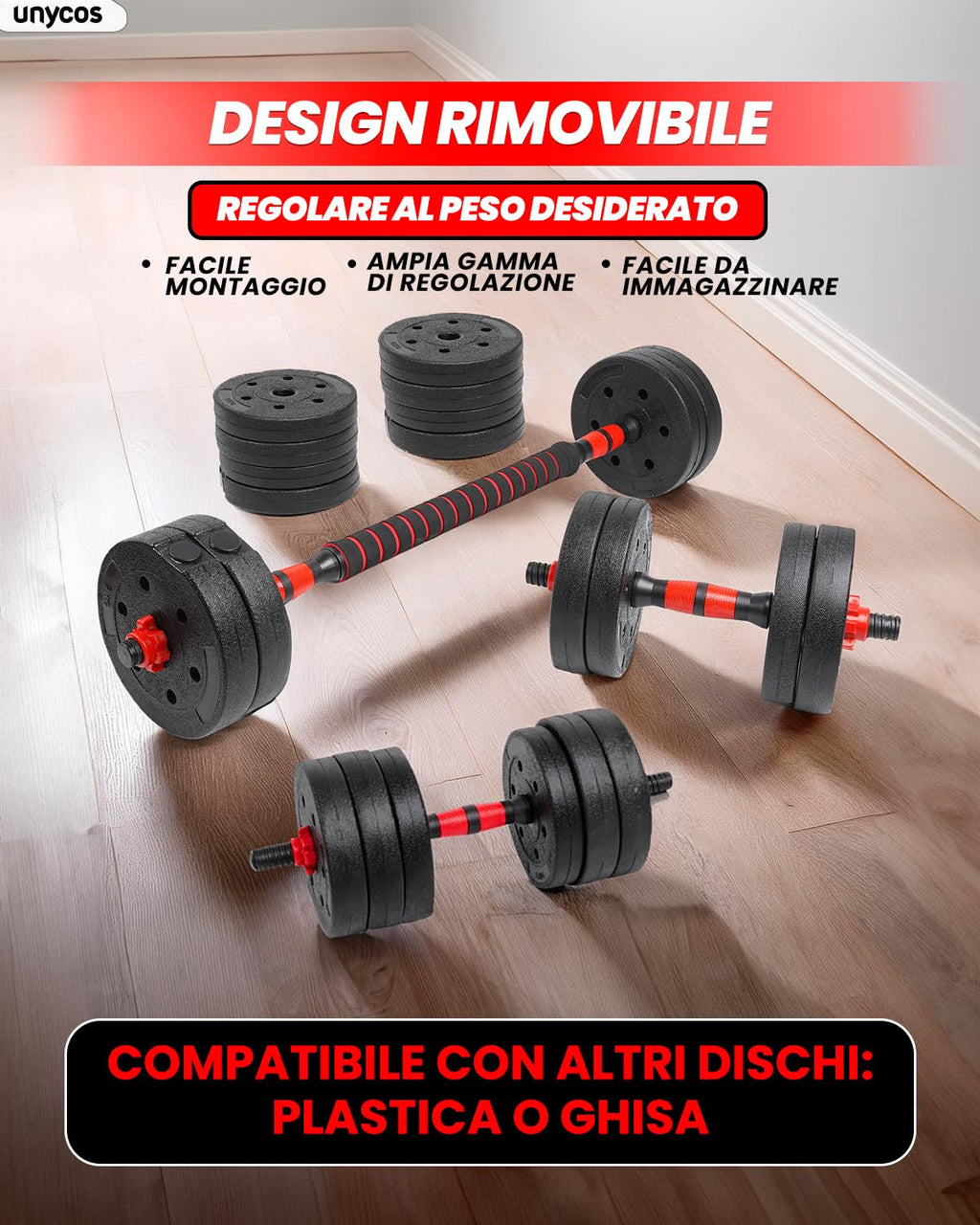unycos - Manubri Regolabili con Dischi 10-40 kg【E-Book con 50 Esercizi】Coppia di Pesi con Barra di Collegamento Antiscivolo per Allenamento, Palestra in Casa, Fitness (Red/Orange Transformer)