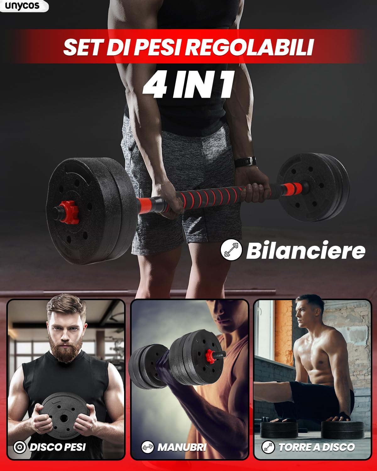 unycos - Manubri Regolabili con Dischi 10-40 kg【E-Book con 50 Esercizi】Coppia di Pesi con Barra di Collegamento Antiscivolo per Allenamento, Palestra in Casa, Fitness (Red/Orange Transformer)