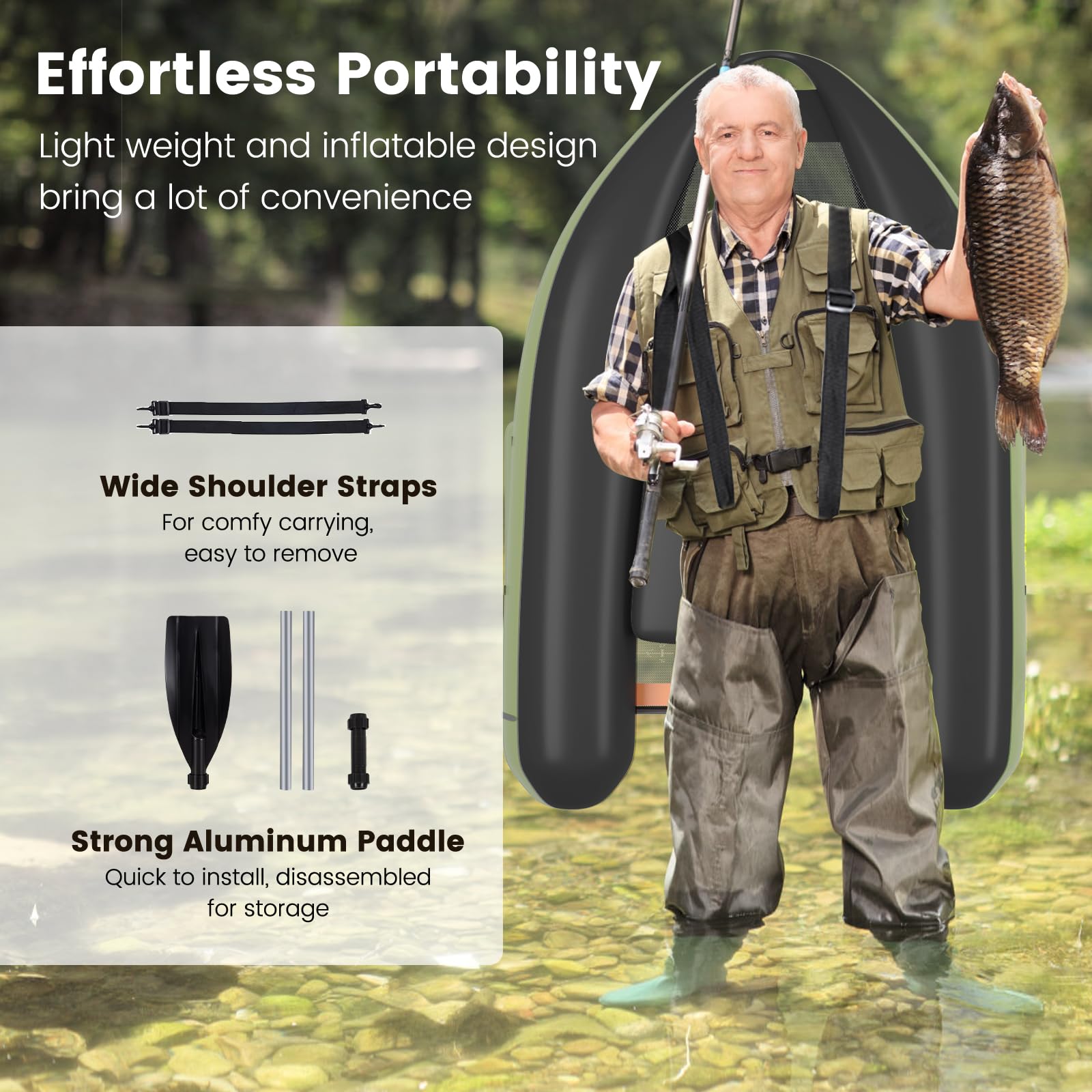 HOMASIS Gommone da Pesca per Adulti, Gommone Gonfiabile con Pinne in PP e Pagaia in Alluminio, Canotto da Pesca con Attrezzatura Completa, Portata 160 kg, 136 x 105 x 54 cm