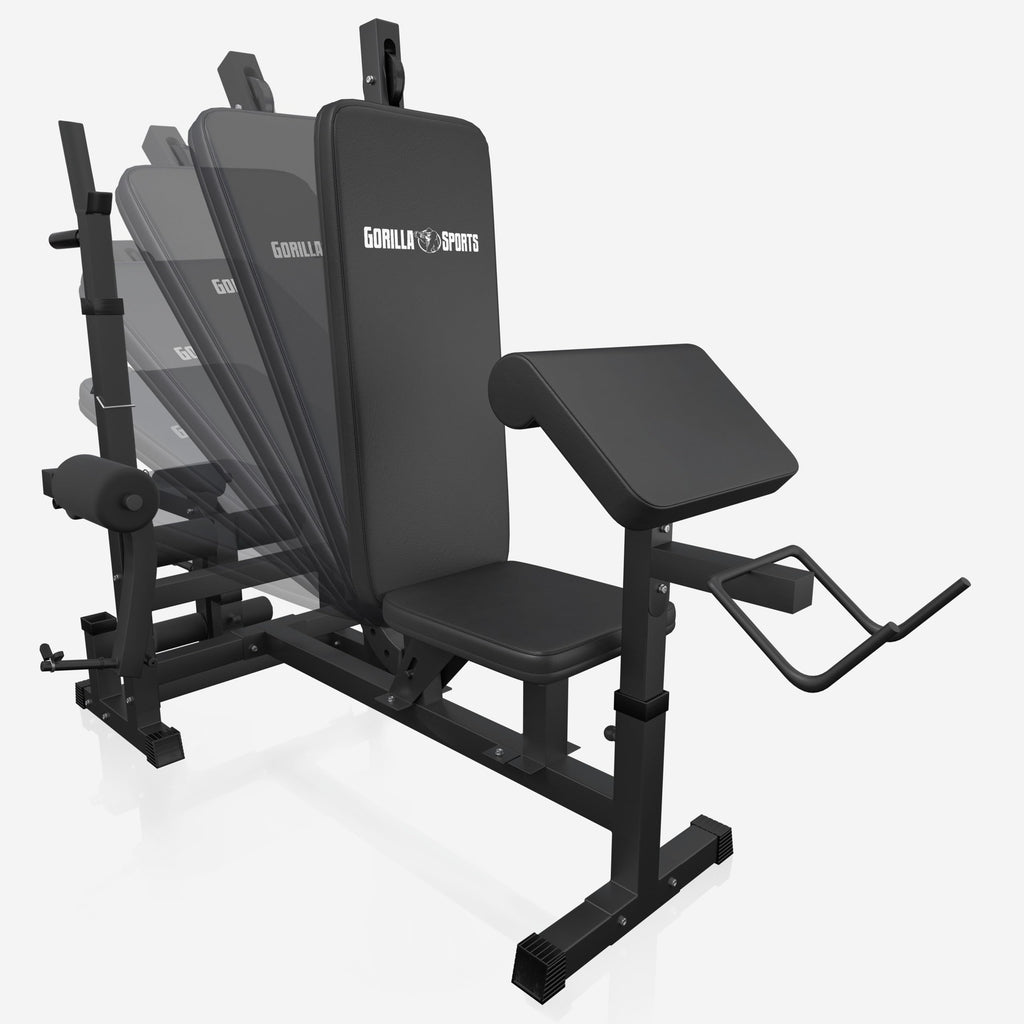 Gorilla Sports® Panca Multifunzione - Schienale Regolabile, Portabilanciere, Butterfly, Curl per Gambe, Nero/Bianco - Panca Pesi, Stazione Fitness