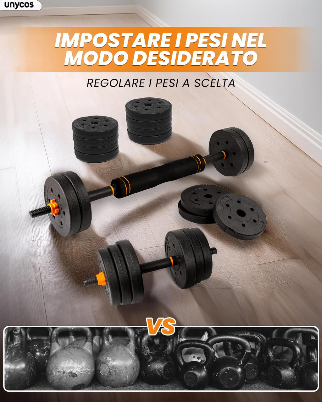 unycos - Manubri Regolabili con Dischi 10-40 kg【E-Book con 50 Esercizi】Coppia di Pesi con Barra di Collegamento Antiscivolo per Allenamento, Palestra in Casa, Fitness (Red/Orange Transformer)