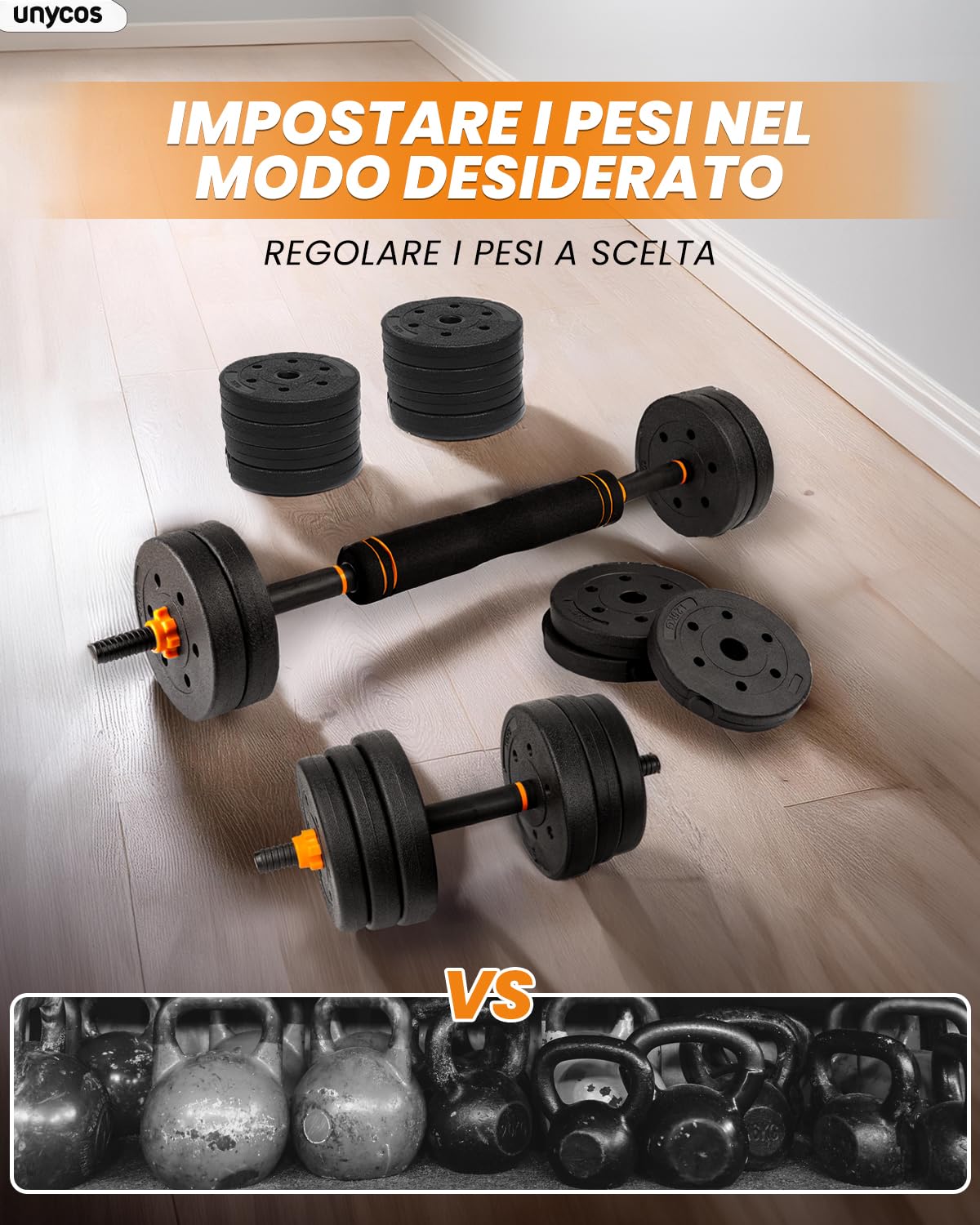 unycos - Manubri Regolabili con Dischi 10-40 kg【E-Book con 50 Esercizi】Coppia di Pesi con Barra di Collegamento Antiscivolo per Allenamento, Palestra in Casa, Fitness (Red/Orange Transformer)