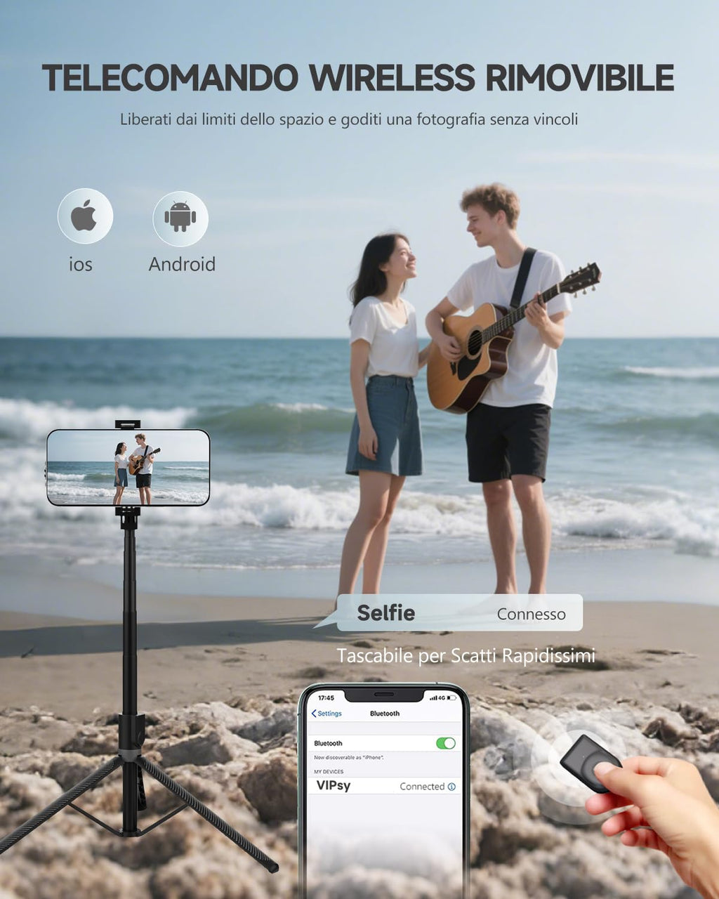 180cm Treppiede Smartphone, Bastone Selfie con Telecomando Wireless, Treppiede Portatile Estensibile per Smartphone Supporto Telefono Compatibile con iPhone/Samsung/GoPro/Camera