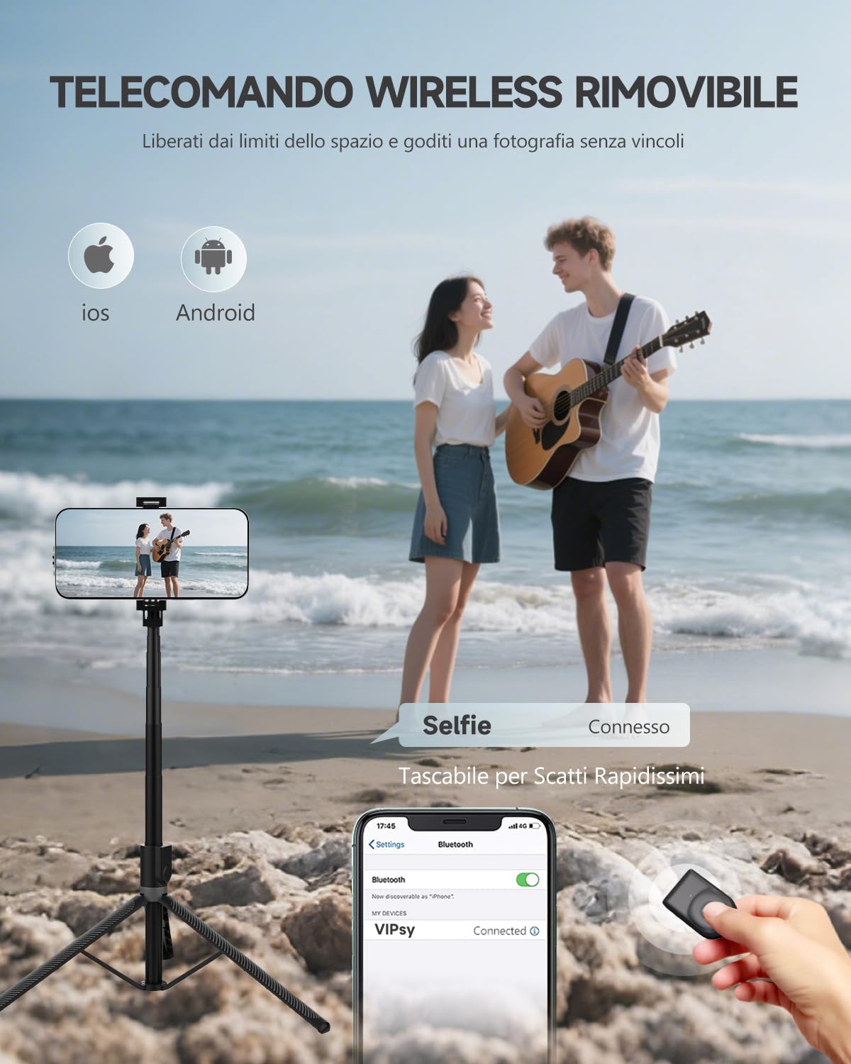 180cm Treppiede Smartphone, Bastone Selfie con Telecomando Wireless, Treppiede Portatile Estensibile per Smartphone Supporto Telefono Compatibile con iPhone/Samsung/GoPro/Camera
