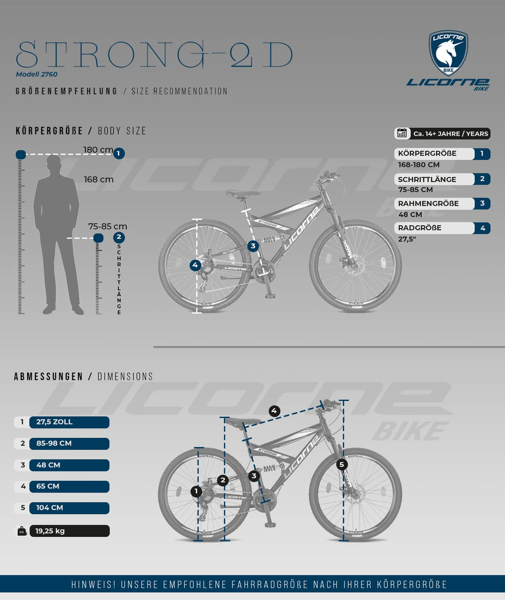Licorne Bike - VTT Premium Strong 2D 26, 27,5 et 29 pouces, vélo avec freins à disque avant et arrière, 21 vitesses, tout suspendu