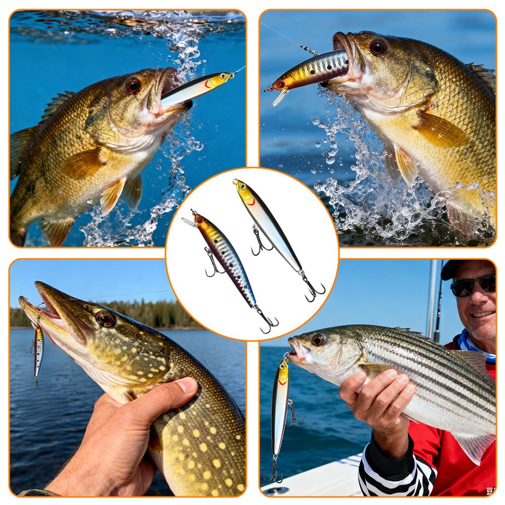 Vicloon Esche da Pesca, Esche Artificiali da Pesca Contiene Crankbaits, Stickbait, Vermi, Ganci Singolo, Pinze, ECC