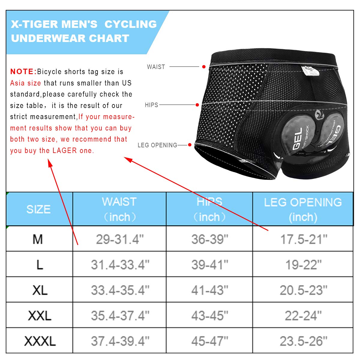 X-TIGER Cuissard cycliste homme avec rembourrage gel 5D respirant sous-vêtement caleçon de cyclisme pour vélo