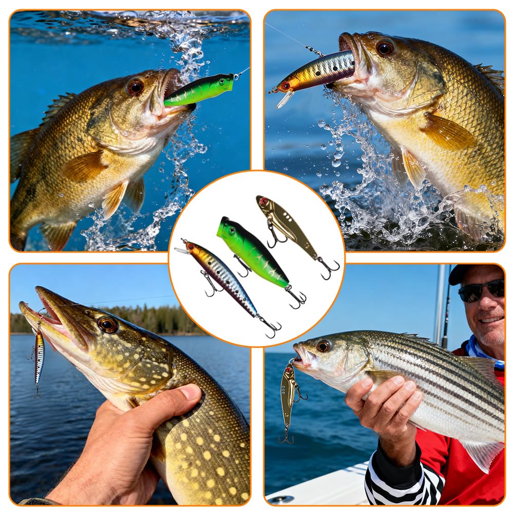 Vicloon Esche da Pesca, Esche Artificiali da Pesca Contiene Crankbaits, Stickbait, Vermi, Ganci Singolo, Pinze, ECC