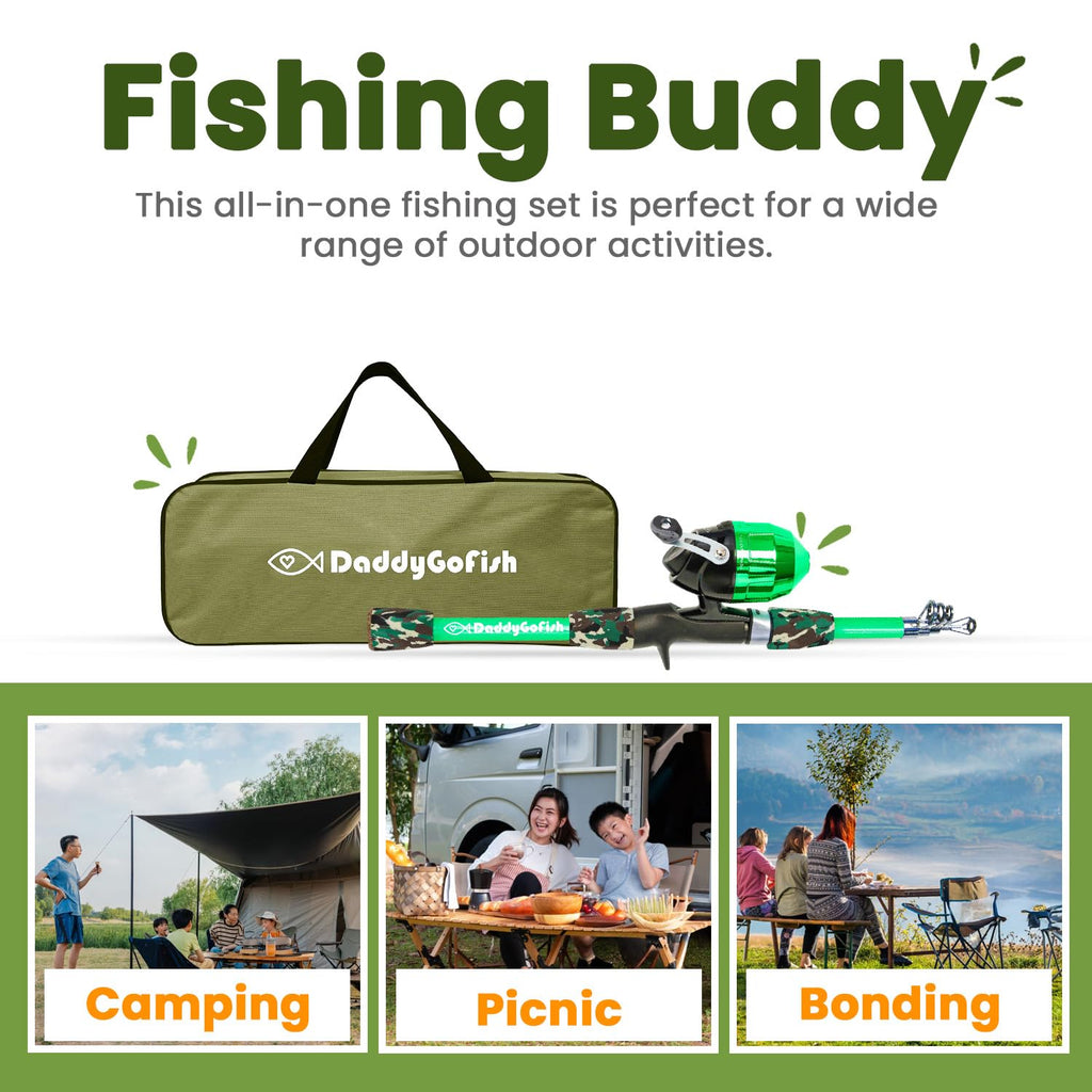DaddyGoFish Kids Canna da Pesca Telescopica Spincast Combo Sedia Pieghevole Portacanna Tackle Box Bait Net Ragazzi Ragazze