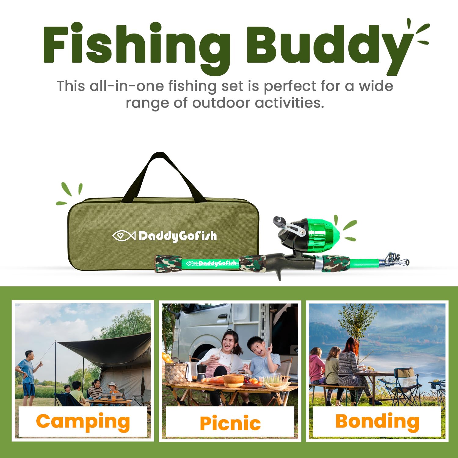 DaddyGoFish Kids Canna da Pesca Telescopica Spincast Combo Sedia Pieghevole Portacanna Tackle Box Bait Net Ragazzi Ragazze