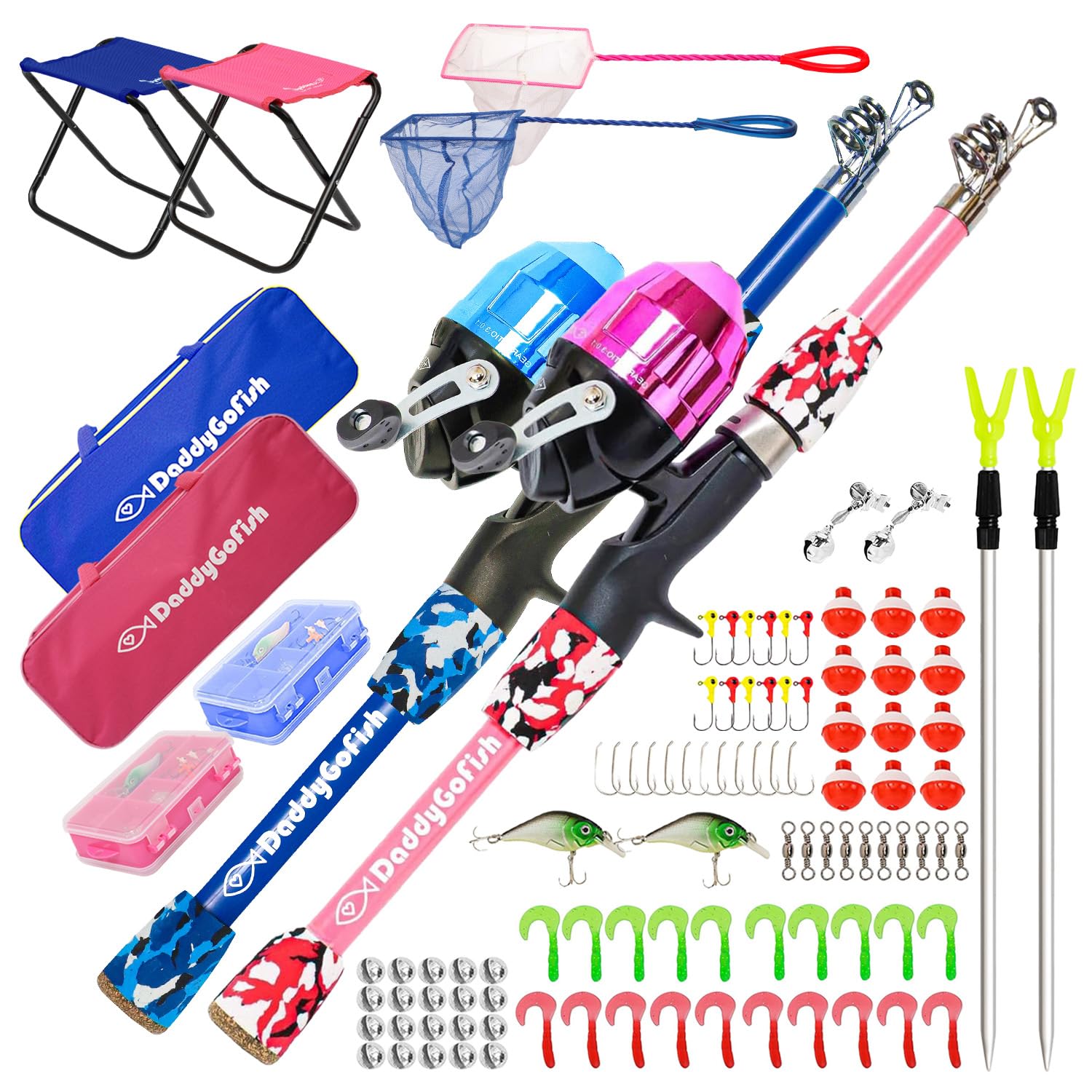 DaddyGoFish Kids Canna da Pesca Telescopica Spincast Combo Sedia Pieghevole Portacanna Tackle Box Bait Net Ragazzi Ragazze