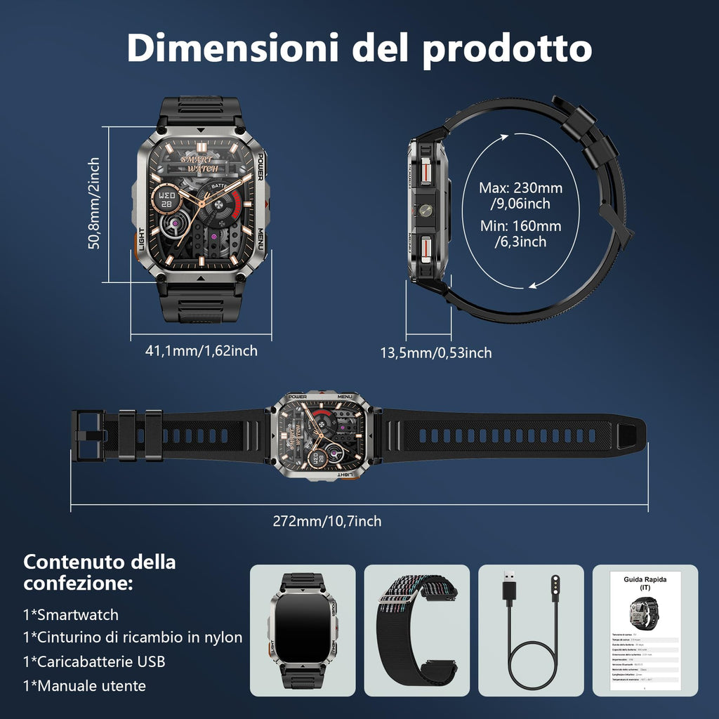 Blackview Smartwatch Uomo, Orologio Intelligente Fitness con Chiamate Bluetooth, 2.01" Militari Smart Watch Tracker 100+ Modalità Sportive/Cardiofrequenzimetro/SpO2/Torcia/Bussola per Android iOS