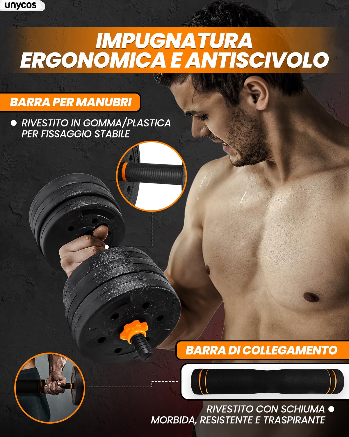unycos - Manubri Regolabili con Dischi 10-40 kg【E-Book con 50 Esercizi】Coppia di Pesi con Barra di Collegamento Antiscivolo per Allenamento, Palestra in Casa, Fitness (Red/Orange Transformer)