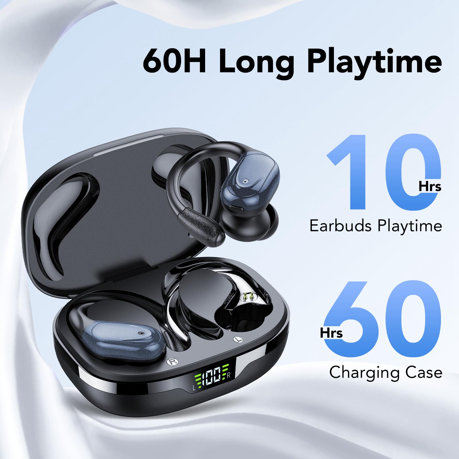 Cuffie Bluetooth, Sport Auricolari Bluetooth 5.3 con Gancio per Orecchio, 60H con Indicatore LED per Cassa di Ricarica, Chiamata ENC HD, Vestibilità Comoda, Basso Profondo, IPX7 Impermeabile(Nero).